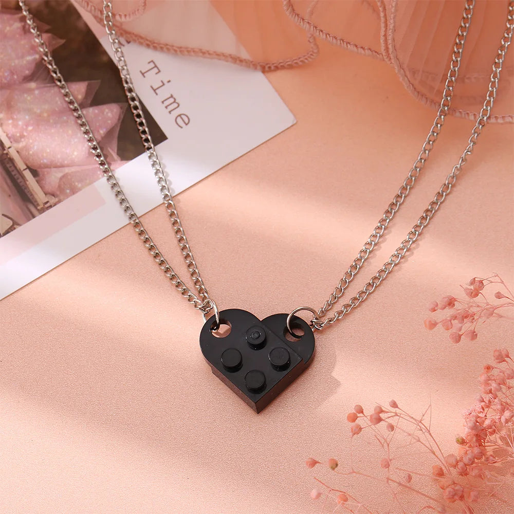 2Pcs Heart Brick Couples Love Necklace for Lovers Women Men Lego Elements Friends Necklaces Valentines Gift Jewelry